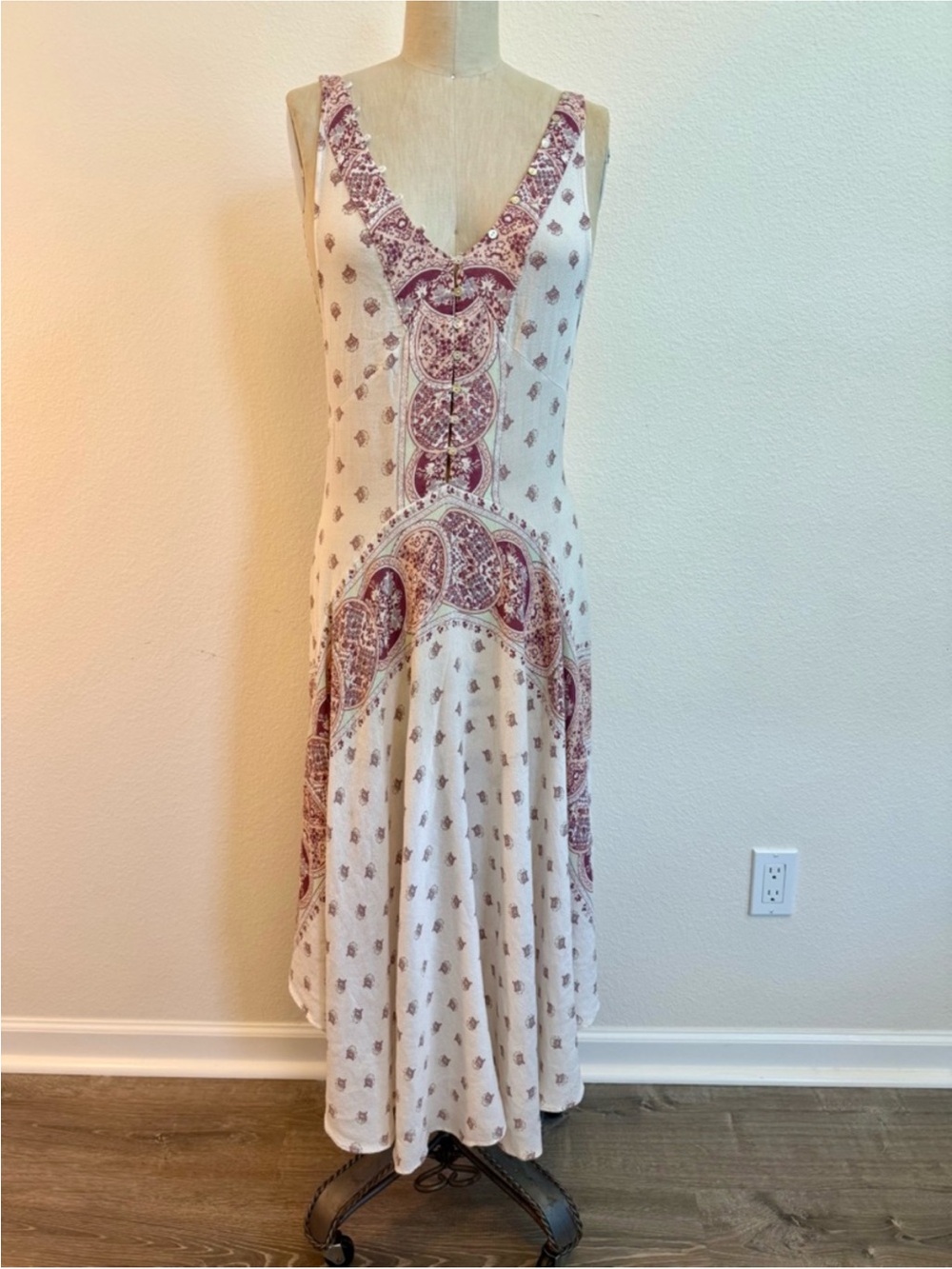Free People Sleeveless V-Neck Printed Maxi Dress in Cream and Mauve